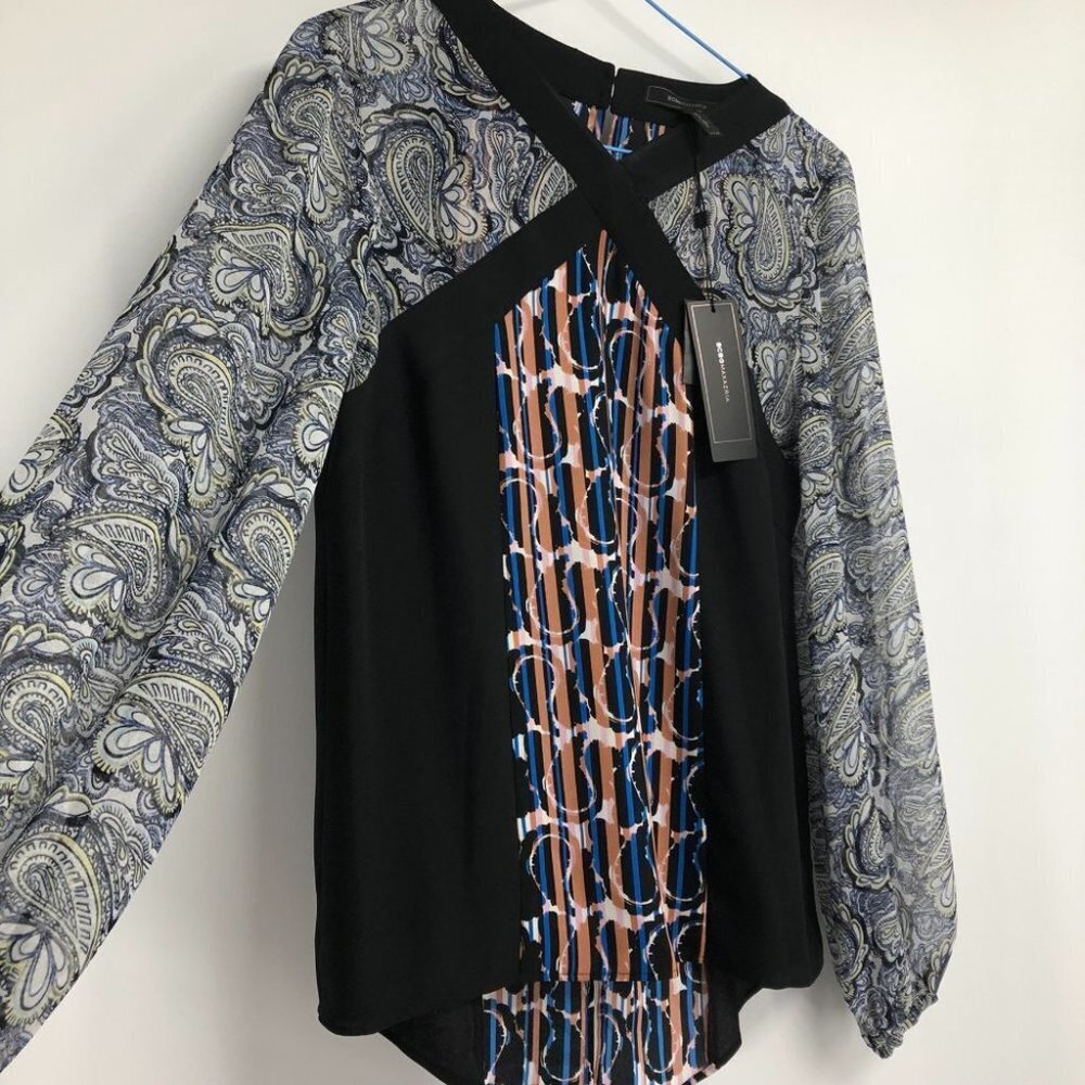 NWT BCBGMAXAZRIA Kathy Abstract paisley print sheer balloon sleeve blouse xxs - Picture 10 of 16